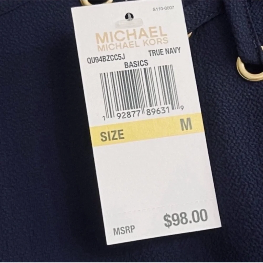 NEW Michael Kors Short Sleeve Crepe Blouse Laced Detail Navy Blue Gold Size M